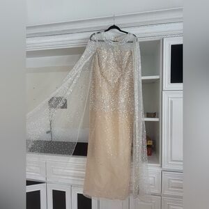 Sequin Embellished Champagne Evening Gown with Sheer Sparkle Cape